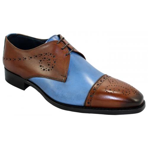 Duca Di Matiste 1703 Brandy / Light Blue Genuine Italian Calfskin Leather Perforation Shoes.